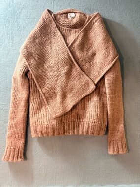 Zara - Women's Cozy Knit Sweater with Attached Scarf in Camel Color